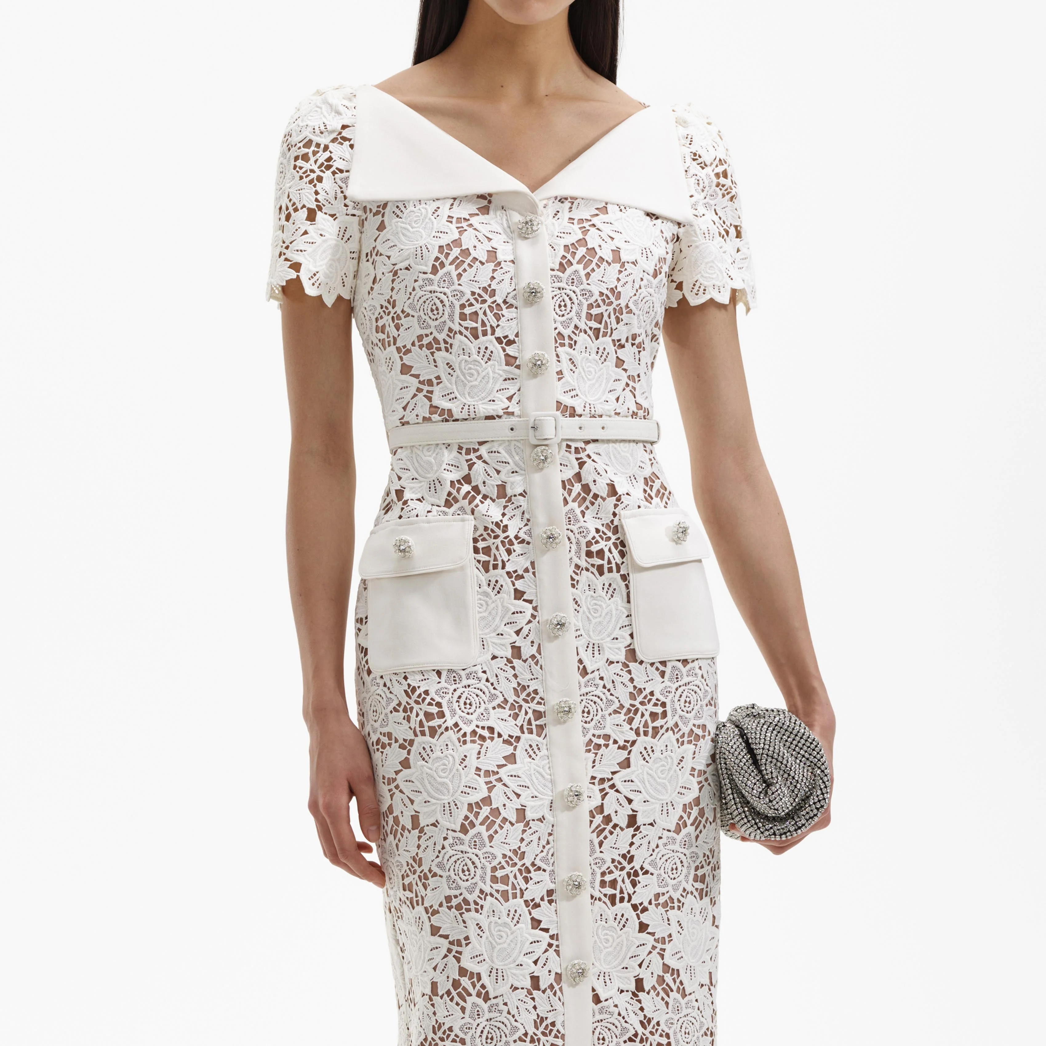 White Lace Open Neck Midi Dress - Image 4
