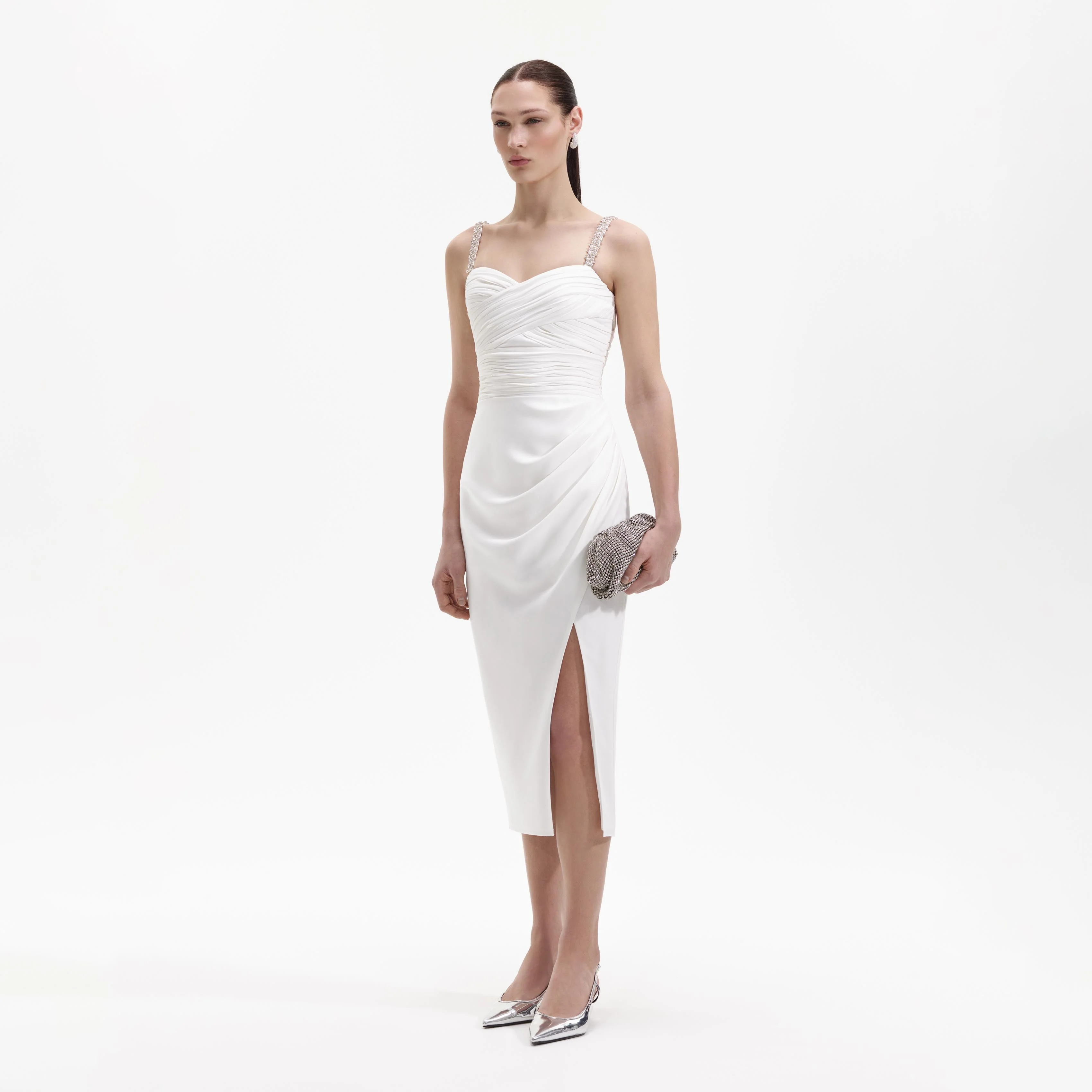 White Stretch Crepe Diamante Midi Dress - Image 2